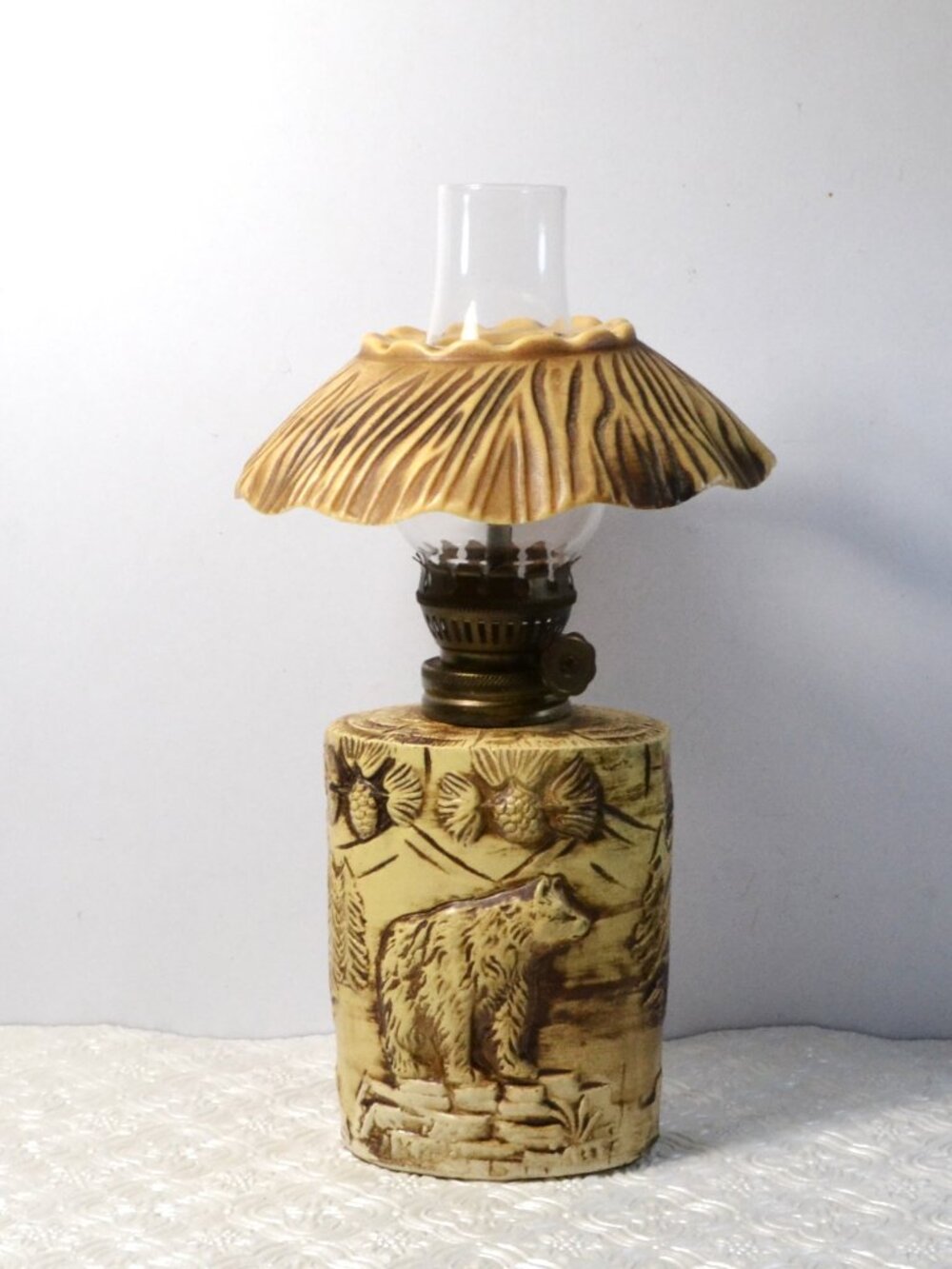 Vintage Hurrican Designed Oil Lamp Japan Deer Bear Relief